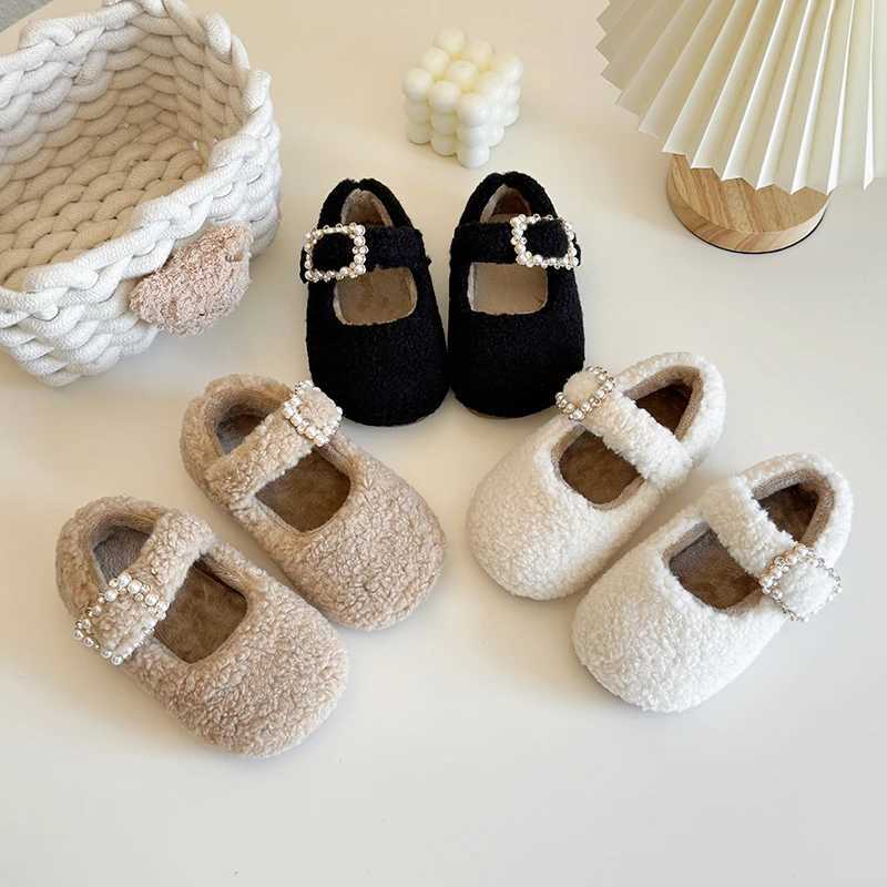 Girls Flat Shoes for Winter Solid Color Buckle Fluffy Children Mary Janes Cover Toe Leisure Beautiful Toddler Kids Shoe 21-35XJ241209