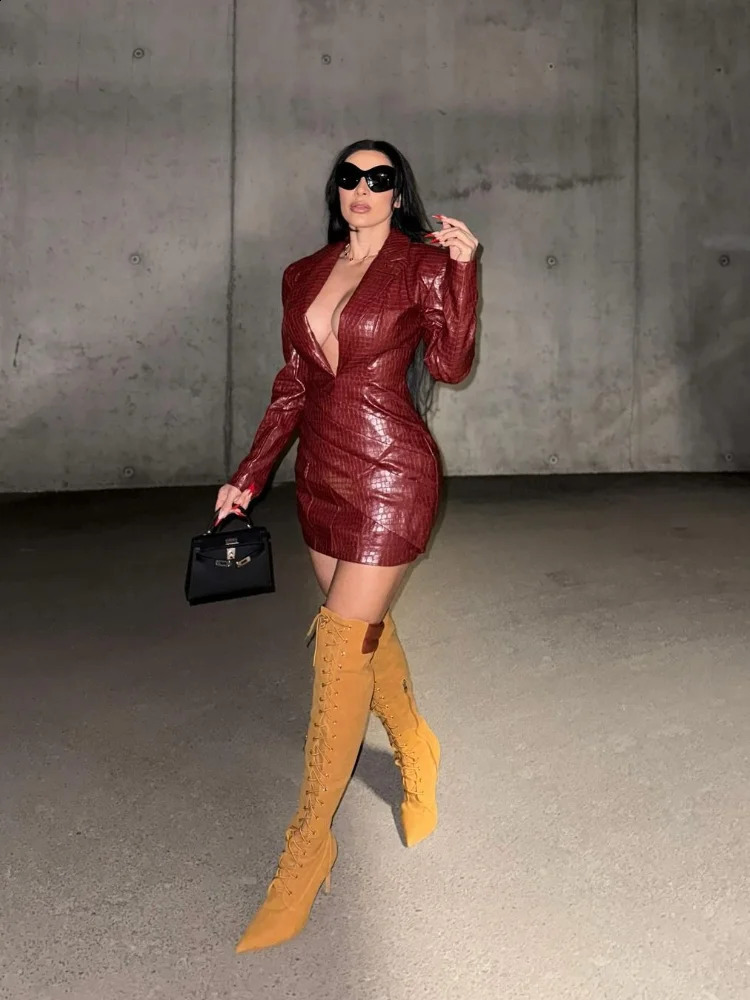 Women Sexy Deep V Red Lattice Leather Mini Dress Fashion Long Sleeve High Waist Fold Slim Dresses Lady Highstreet Short Robe 241210