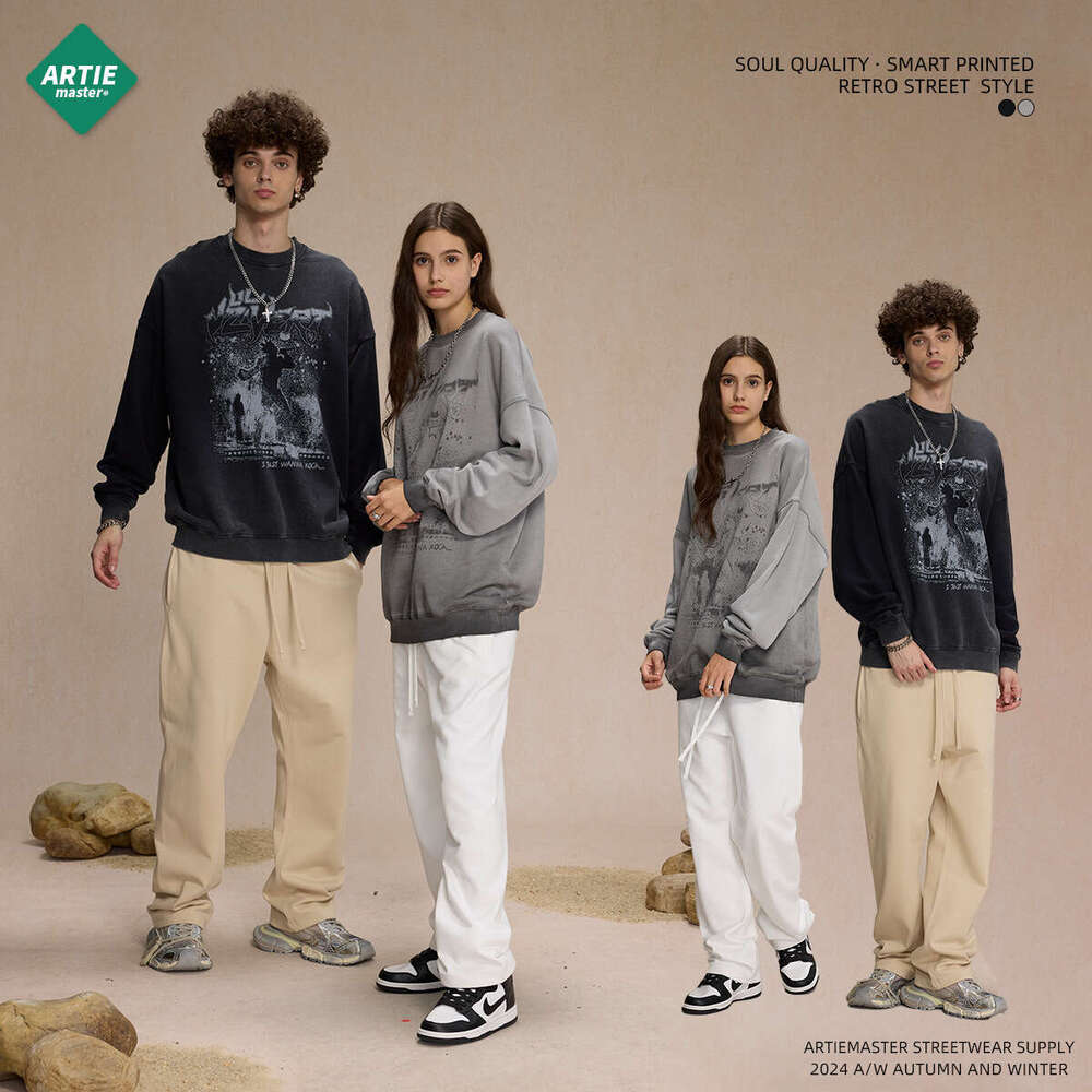 2024 Autumn New Product: Anti Bottom Stir Fry Color Old White Ink Digital Direct Spray Printed Round Neck Men's Sweatshirt