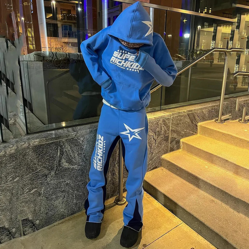Y2K AutumnWinter Hoodie Suit Flared Trousers Oversized Mens clothing Fashion Trend High Street Pants Casual Sets 241209