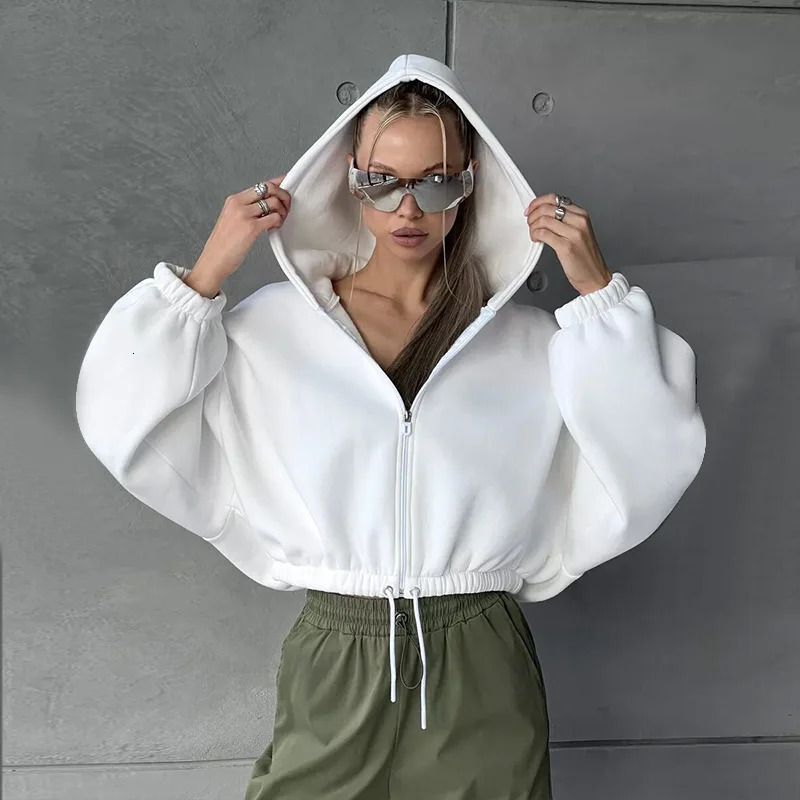 2025 Spring Autumn Womens Jacket Female Hooded Zipper Sweat Ladys Solid Color Cropped Coats Cardigan Tops 241205