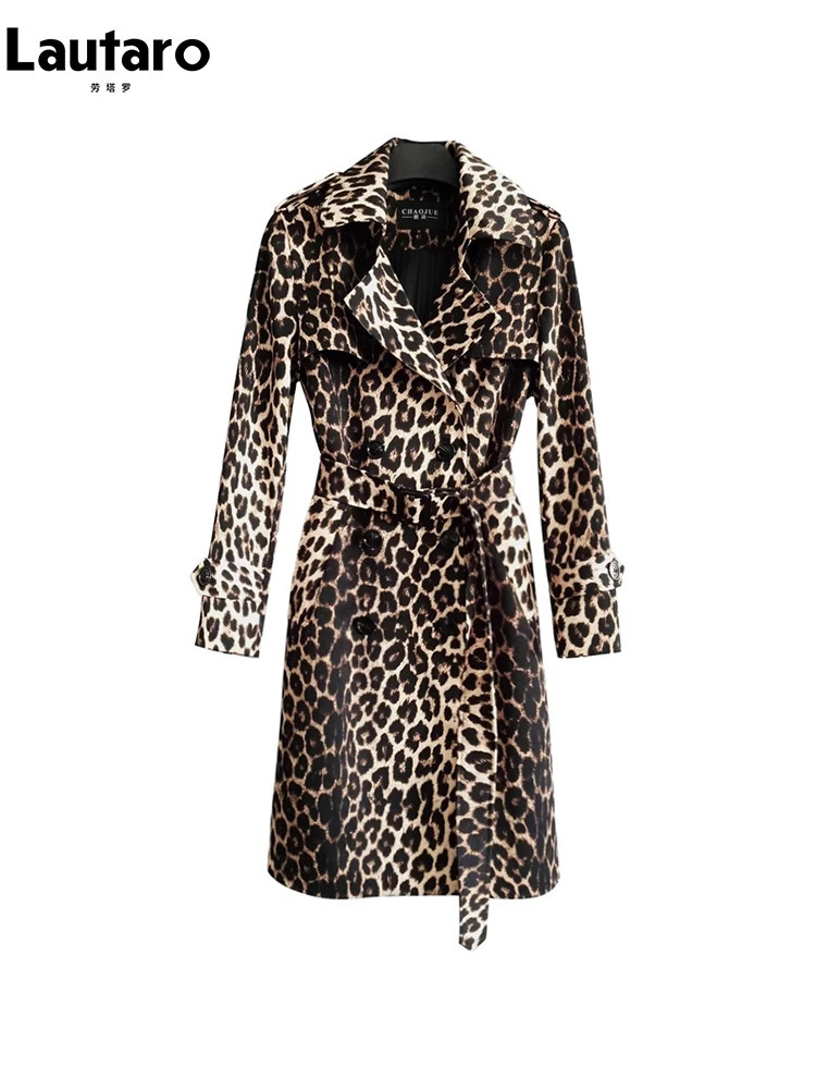 Lautaro Spring Autumn Long Stylish Leopard Print Trench Coat for Women Belt Double Breasted Casual er Clothes 241210