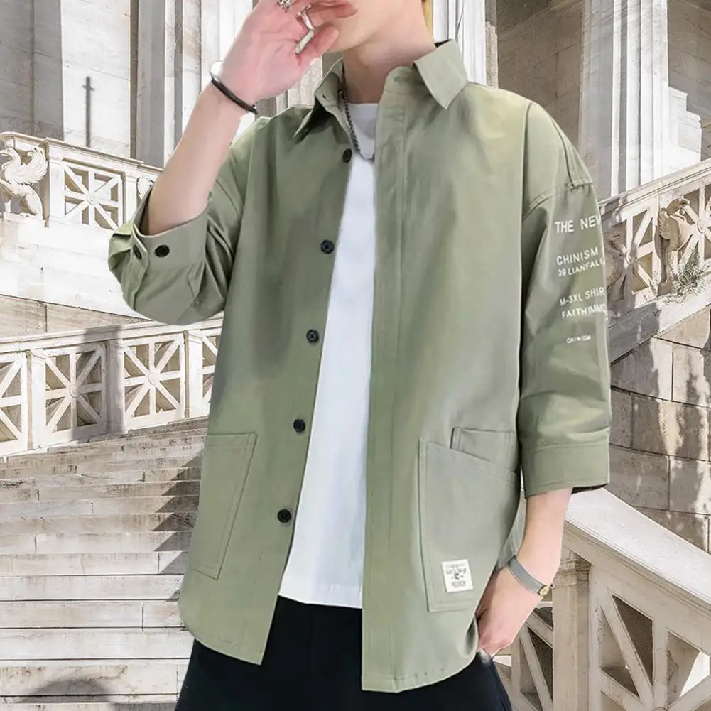 Japanese style mens cargo shirt half sleeved single breasted retro label decoration jacket casual loose cardigan 241209