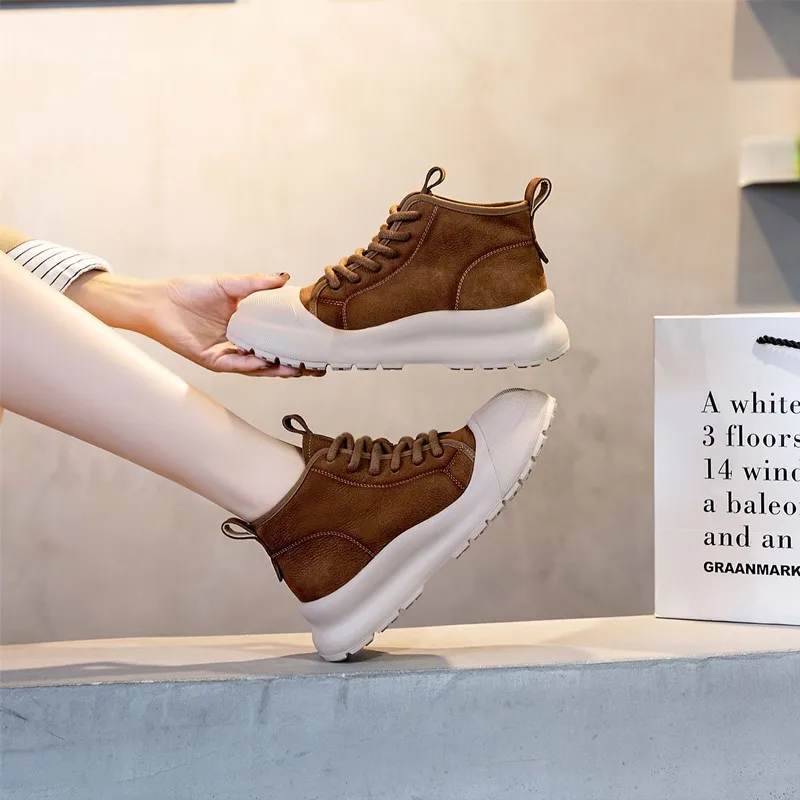 AIYUQI Women's Sneakers Retro Genuine Leather Strappy Women Flats High Top Platform Women's Casual Shoes