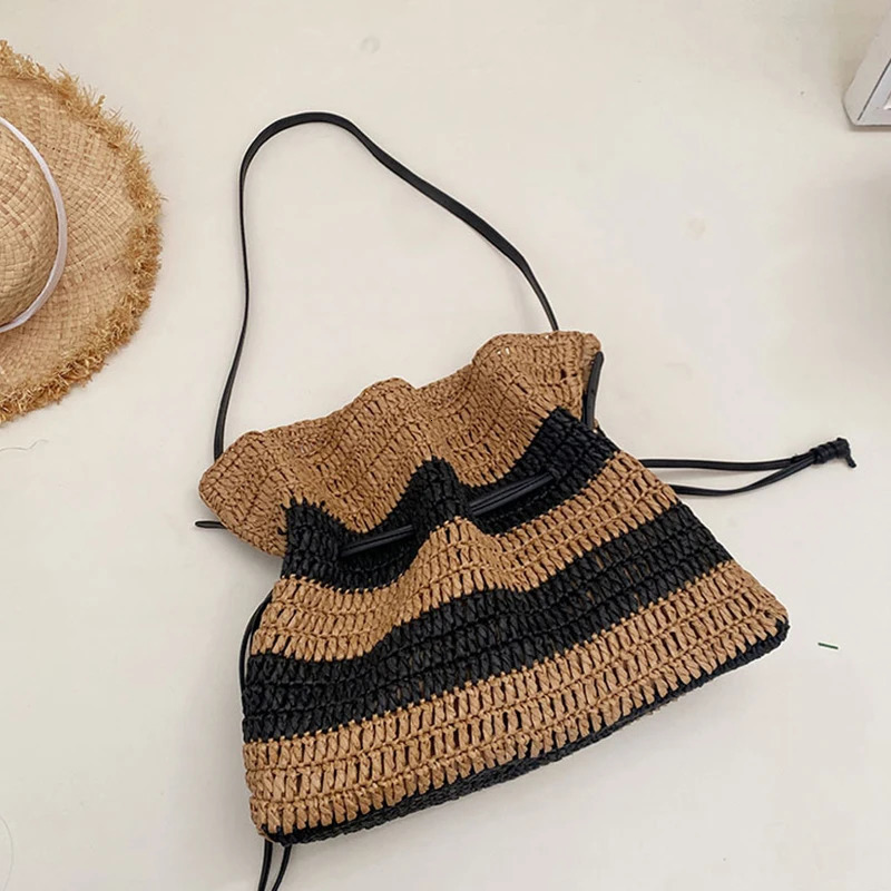Fashion drawstring womens bucket bag handmade handbag shoulder strap womens summer beach cross bag 241205