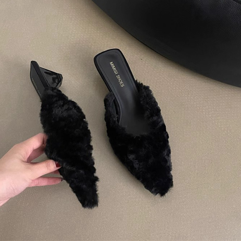 French High-Heeled Pointed Hairy Women 2024 New Evening Style, Internet Celebrity, Thick Heel, Toe Cap Slippers For Outdoor Wear