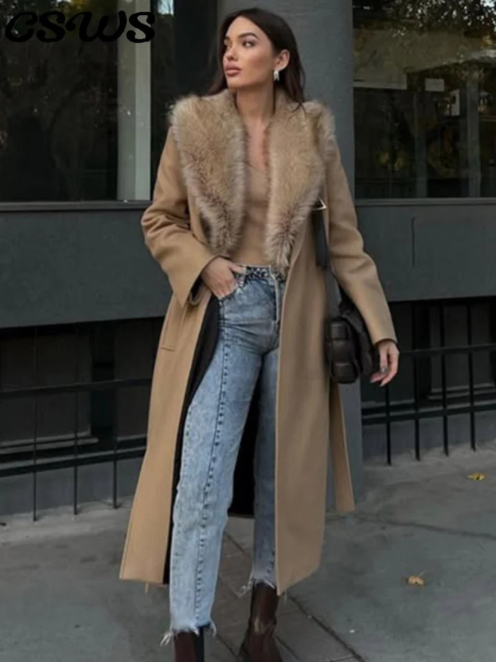 Elegant fur collar long coat for women with wool sleeved lace loose thick 2024 winter warm solid pocket 241209