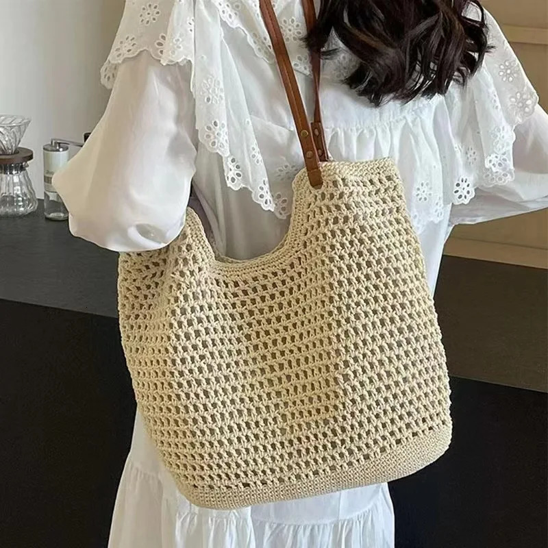 Elegant Cotton Knitted Shoulder Stray Wallet Website Handmade Beach Travel Handbag Summer Shopping Grocery Shoulder Bag 241205