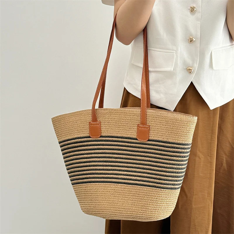 Womens Fashion Striped Summer Beach Straw Knitted Shoulder Bag Hollow Handbag Portable Large Capacity Casual Handbag 241205