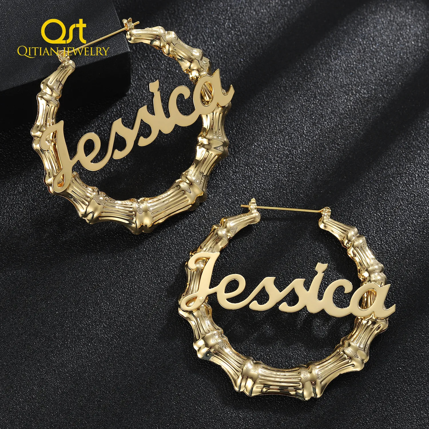 30mm-100mm custom bamboo hoop earrings customized name earrings bamboo style personalized earrings with text description hip-hop sexy 241209