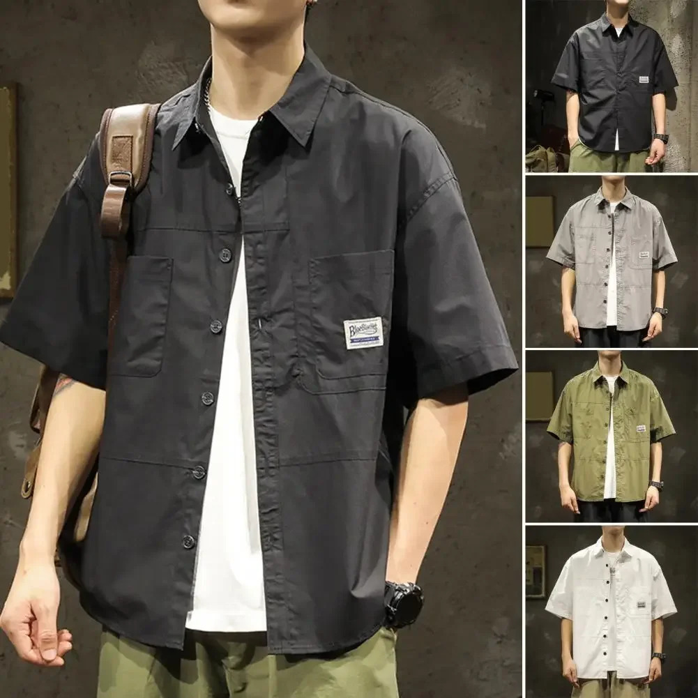 Spring mens cargo shirt collar single breasted loose breathable short sleeved outdoor top 241209