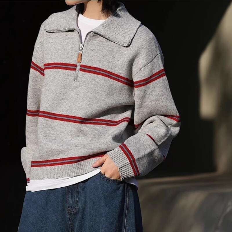 Autumn and Winter New Korean Retro Soft Sticky Stripe Hooded Knitted Top for Women, Half Zipper Large Version Sweater, Women's Outerwear