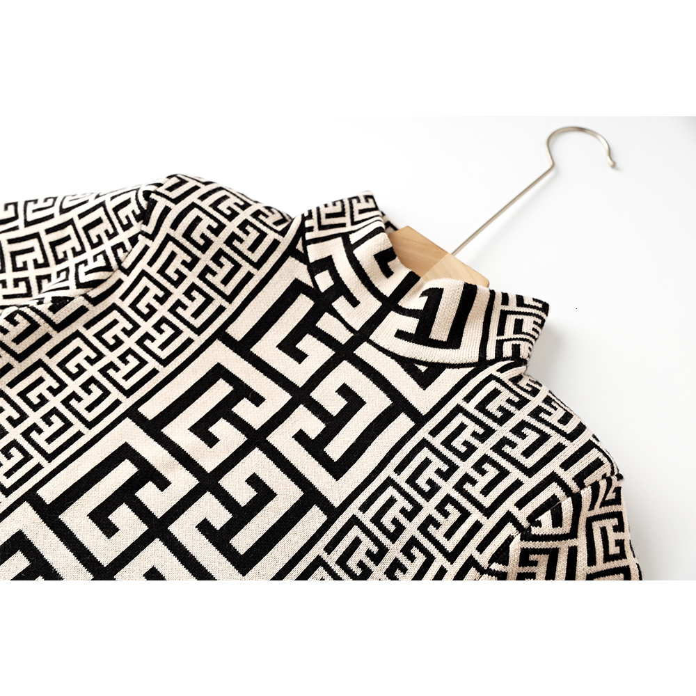 Autumn Winter Collection Half High Neck Black White Geometrical Dialy Wear Casual Women Knitting Pullovers Sweater Top Quality
