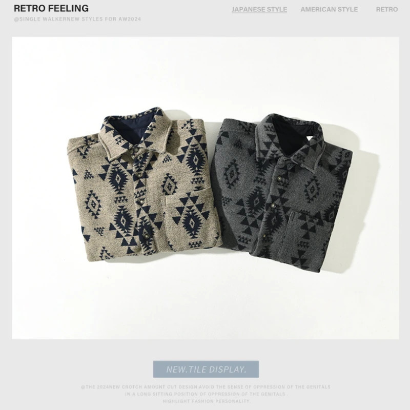 2024 AutumnWinter Loose Printed Wool Mens Clothing Large Pocket Shirt AZT738 241209