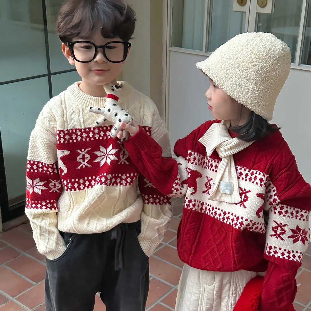 Childrens Knitted Sweater Winter Snowflake Knitted Sweater Boys Knitted Sweater Warm Top 241210