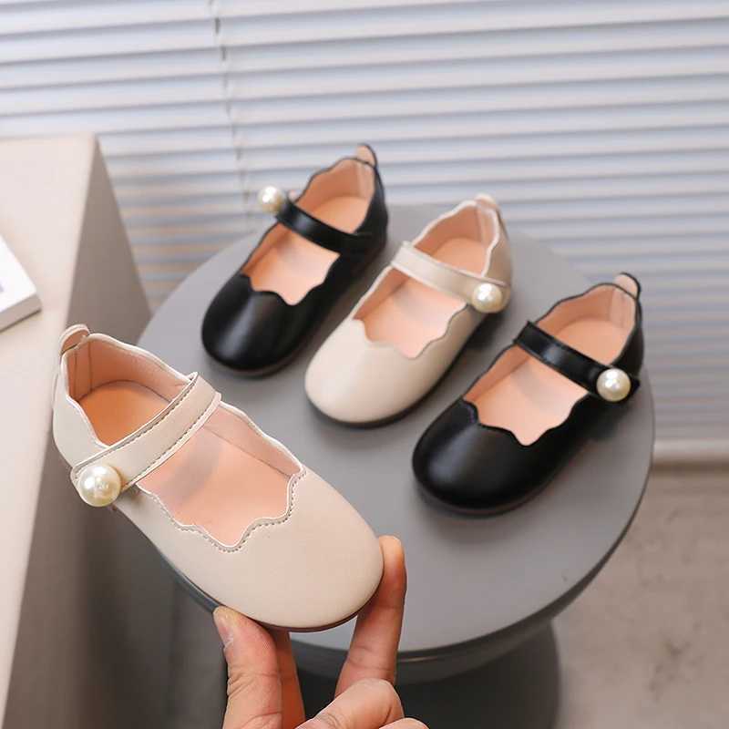 Girls Mary Janes Pearl Shallow Black Beige Pu Leather Children Princess Shoes Four Seasons 21-30 Flexiable All-match Kids FlatsXJ241209