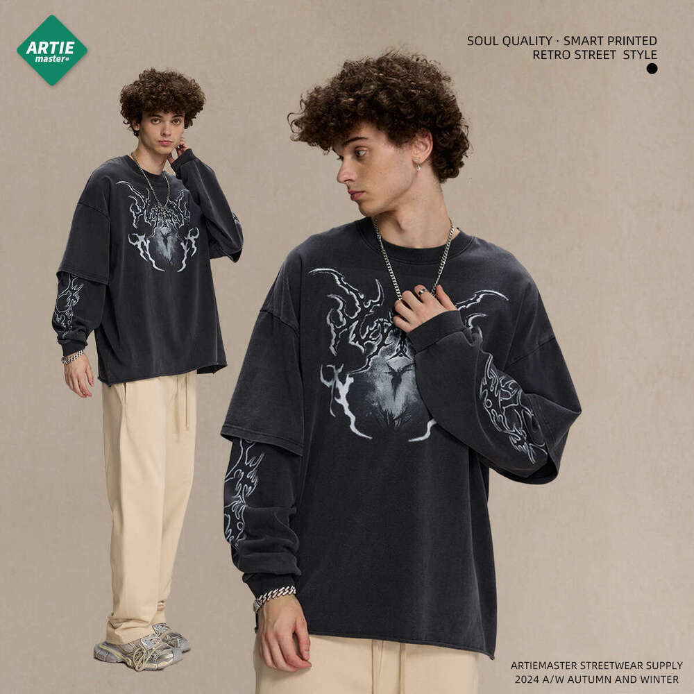 2024 Autumn Brand Retro Fake Two Piece Curled Edge Printed Long Sleeve T-shirt for Men Doing Old Stir Fry Snowflake Wash Water Street Trendy T