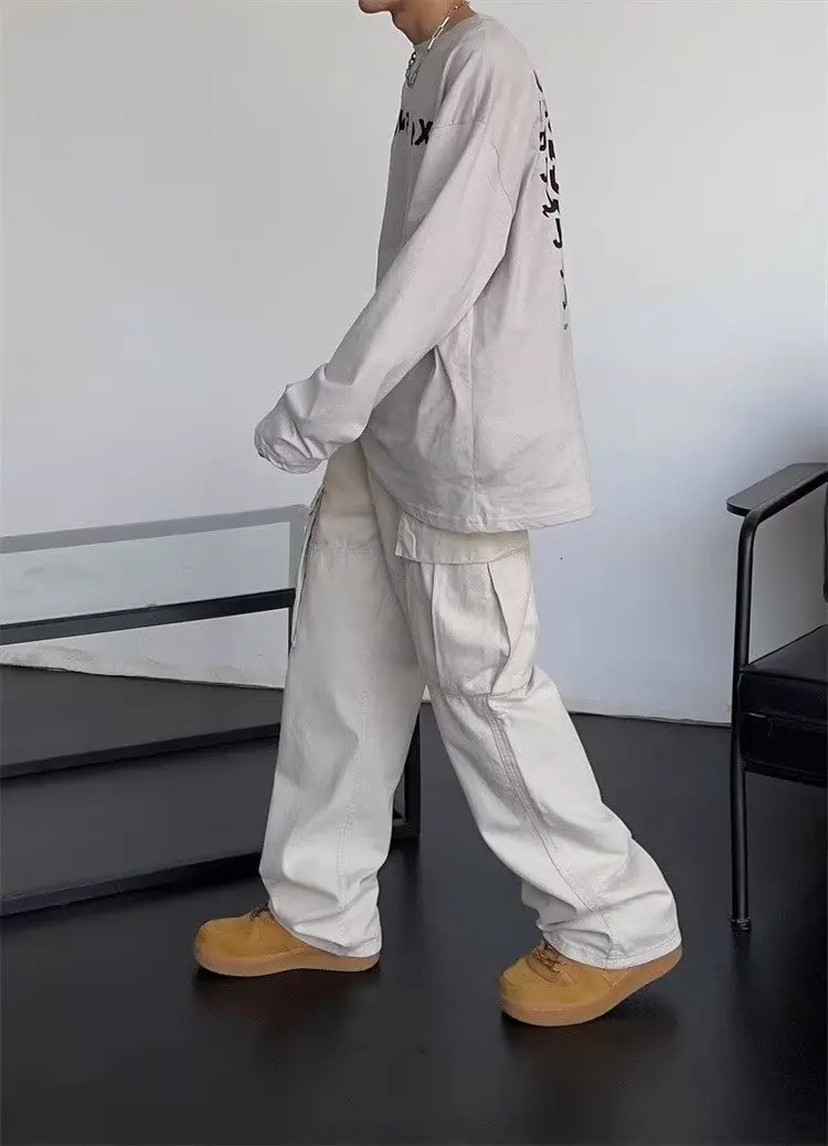 Autumn beige and white overalls loose straight trousers men casual daily apricot 241209