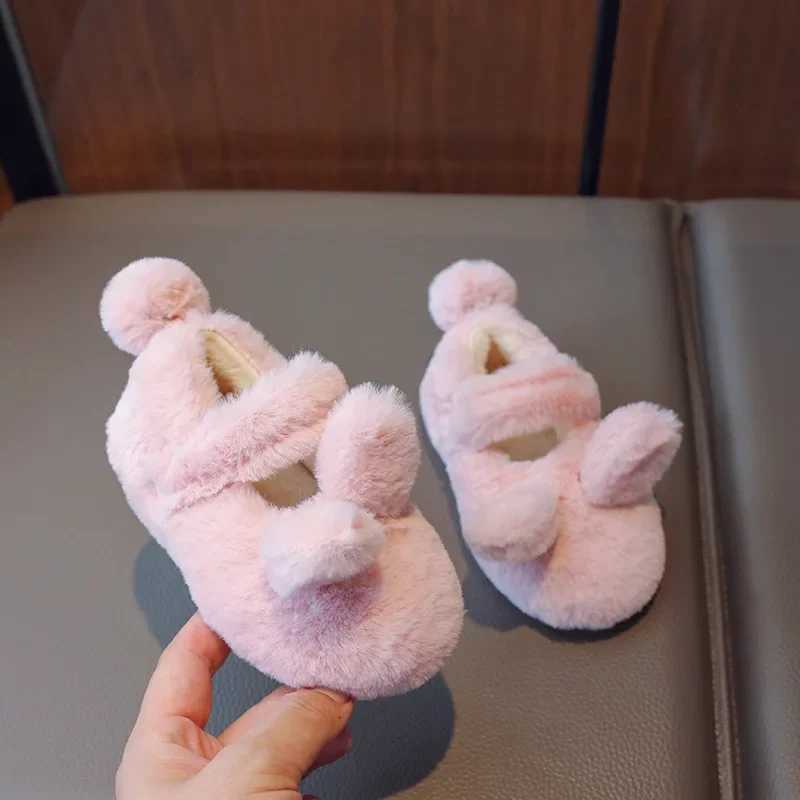 Autumn Winter New Girls Shoes Plush Warm Children Flats Cute Rabbit Cotton Shoes Fur Mary Janes Shallow Solid Color Baby ShoesXJ241209