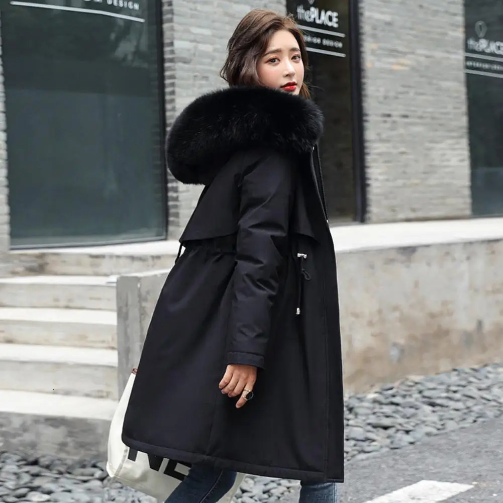 Winter womens long parkour fur cover sleeved pocket knee length jacket thick plush lining zipper button cotton 241209