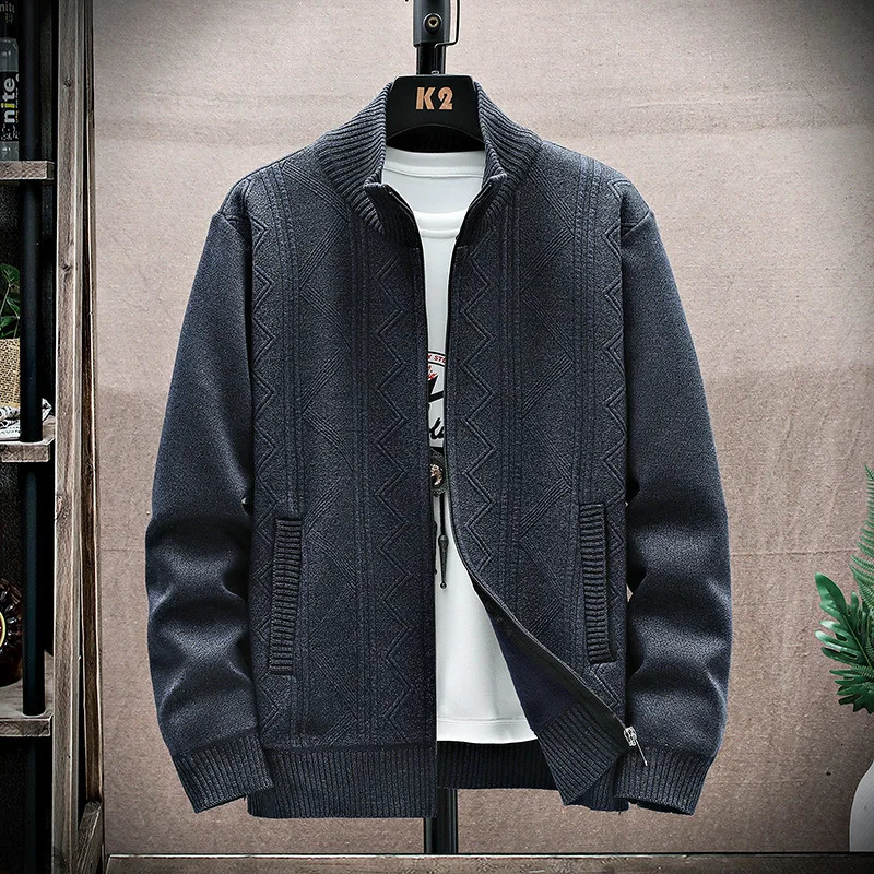 Autumn Korean style stand up collar mens sweater thick velvet mens cardigan sweater jacket mens solid color 241205