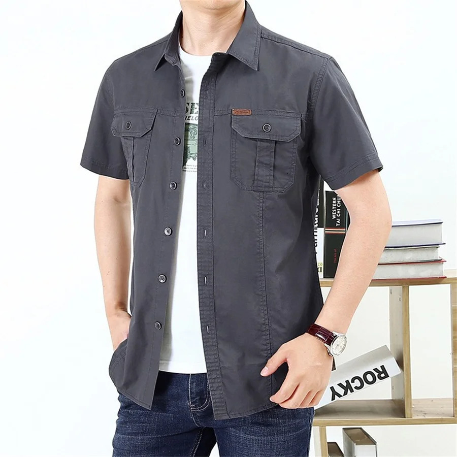 2024 Summer Green Mens Short Sleeve Casual Shirt Combat Tactical Multi Pocket Set Oversized 5XL 241209