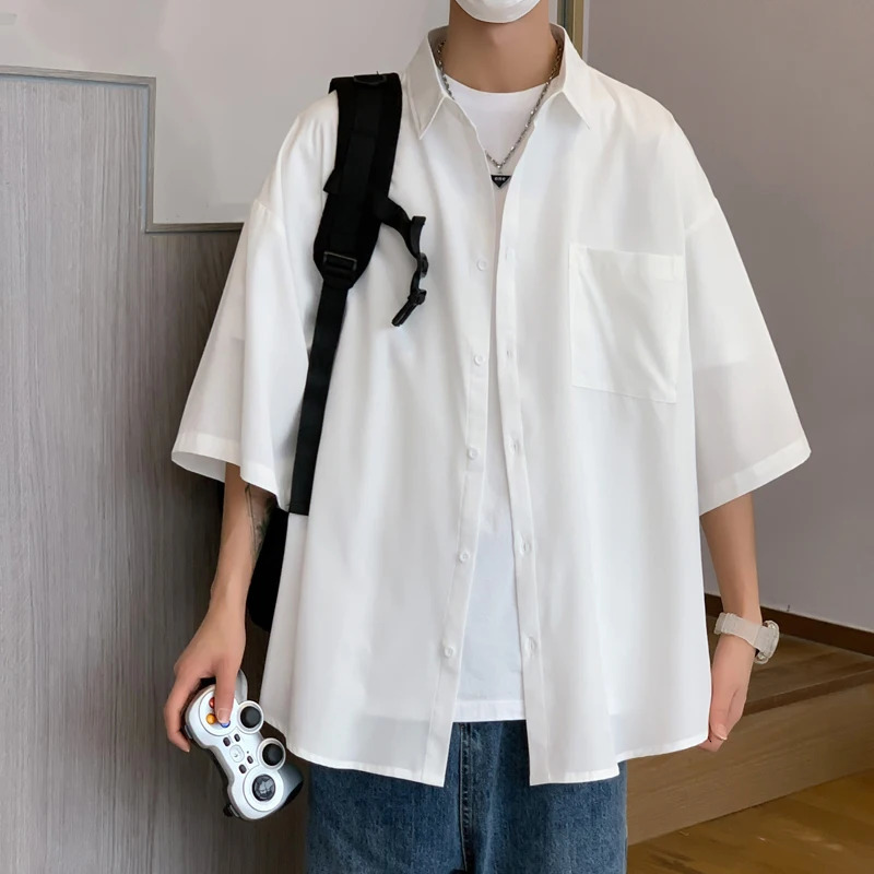 Lappster Ice Solid Korean pocket shirt Blouses 2023 summer smooth short sleeved Japanese streetwear oversized cargo 241209