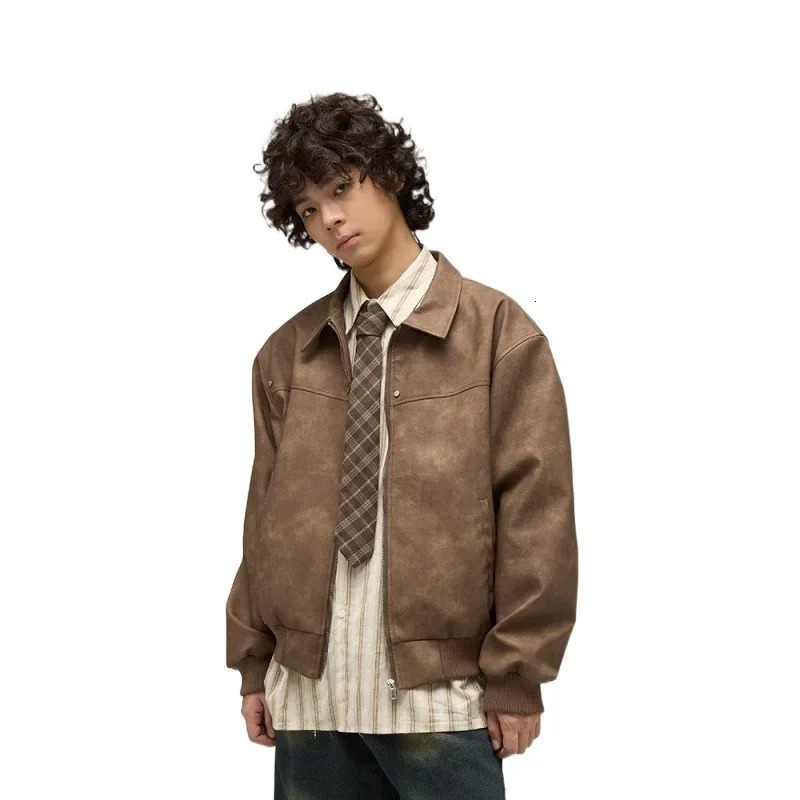 2023 SpringSummer American Retro Distressed Brown Leather Jacket for Men High End Clean Touch Suitable Jackets 241209