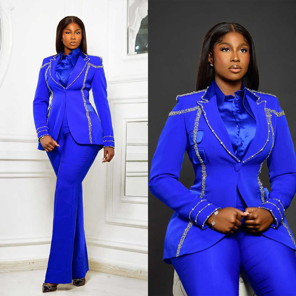 Classic Women Suits Beaded Pearls V Neck One Button Blazer Ladies Outfits 2 Pieces Sets Pant Jacket Customized Female Evening Party