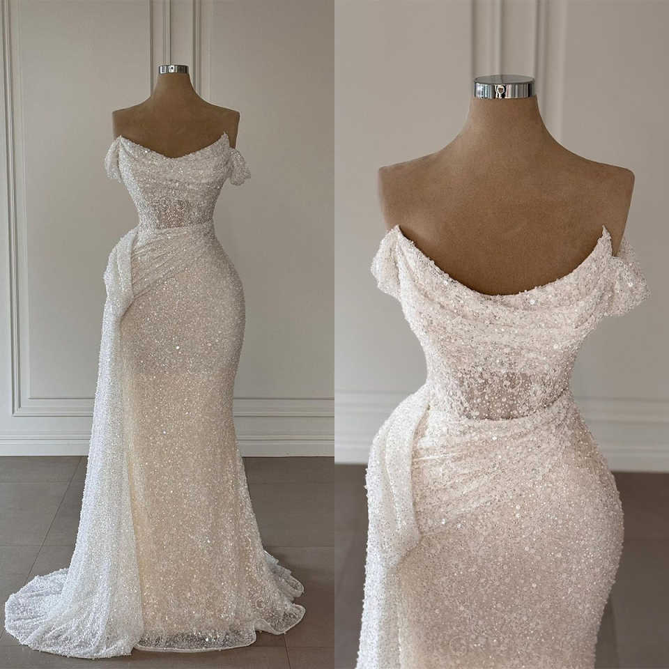 Simple Sequins Wedding Dress Mermaid Off Shoulder Bride Robe Sleeveless Sweep Train Bridal Gown Custom Made Vestido De Novia