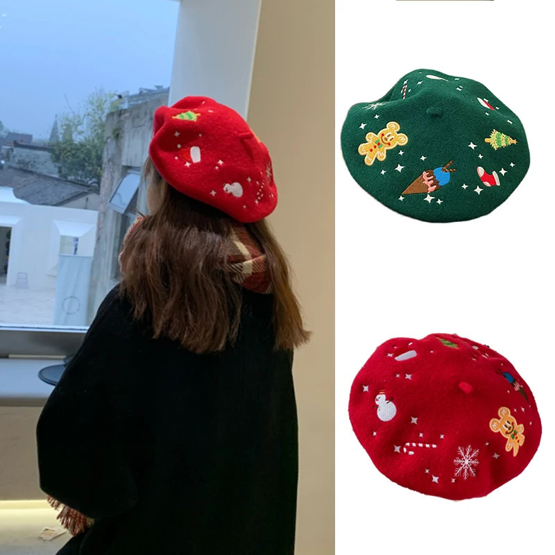 Autumn Winter Hat Christmas Limited Edition Wool Beret French Artist Beret Female Painter Hat Retro Girl Beret Female Warm Hat 241209