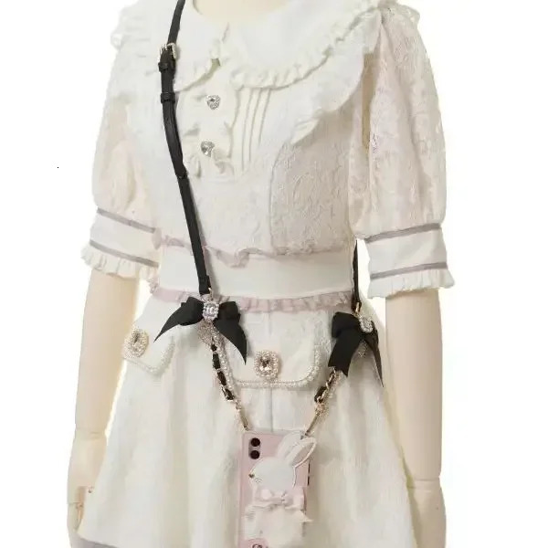 Handmade Japanese Liz Fashion Adjustable Pu Leather Phone Horizontal Chain Pearl Bow Gemstone Cute Bag Chain Cute Bag Accessories 241205