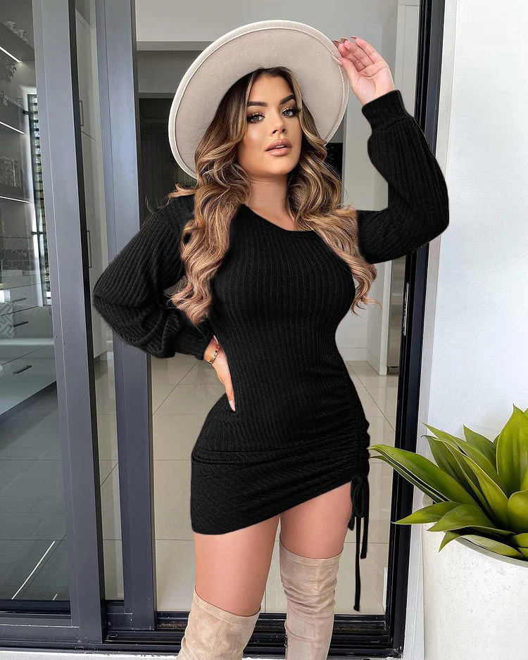 Womens solid color wool dock dress drawstring off shoulder long sleeved Midi dress 241206