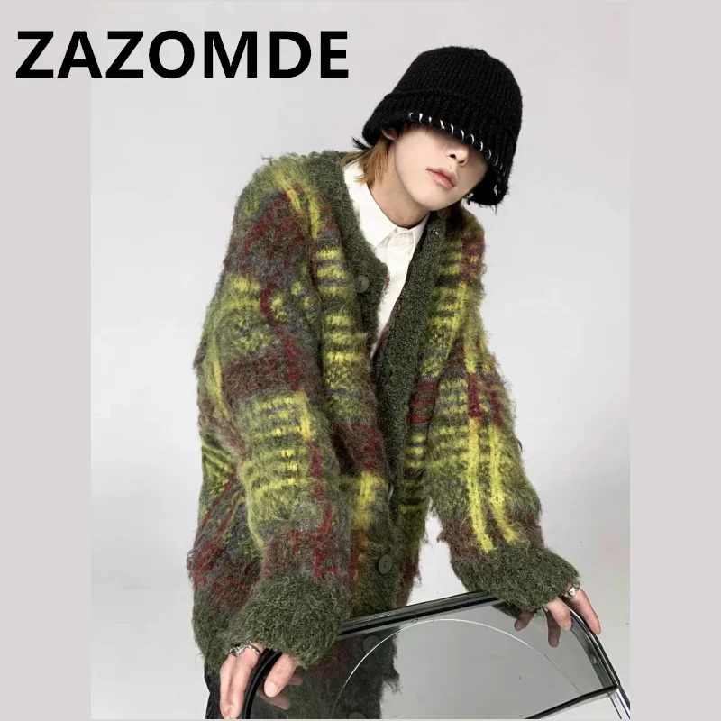 ZAZOMDE Wihter retro striped green cardigan sweater mens high street oversized button jumper Harajuku loose hip-hop knit top 241205