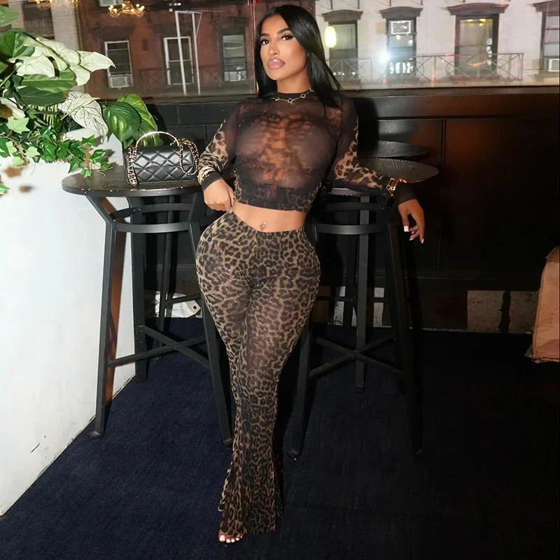 Sexy Leopard Print 2piece Womens Autumn See Through Full Sleeve Midnight Party Crop Panthing Matching Clubwear Skinny Outfit 241209