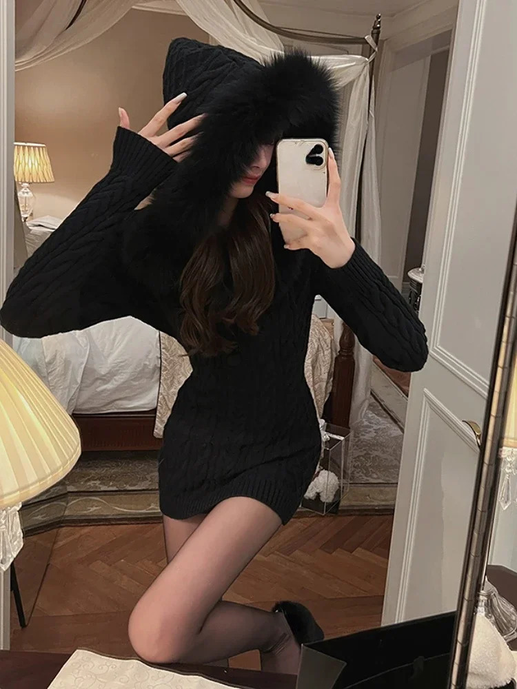 2023 Winter Knitted Sweater with Hoodie Womens Ultra Thin Body Y2k Mini Dress Artificial Fur Korean Elegance 241209