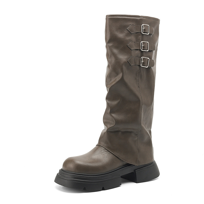 Women Boots:Western Style Thick Sole High-top Boots New Version Round Toe Belt Buckle Long Boots,Black/Brown/Khaki,Free shipping