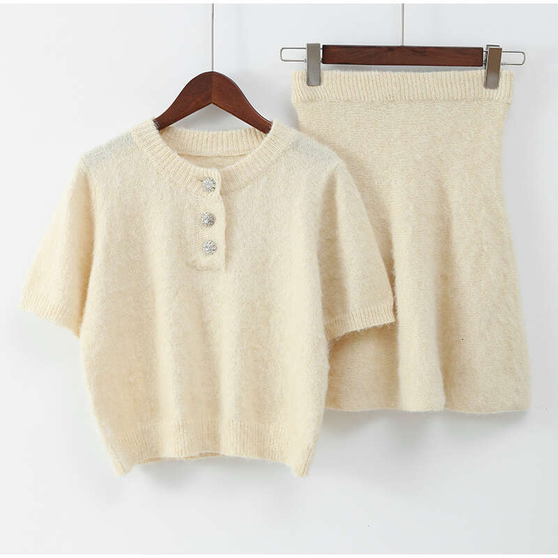 Women Fashion Wool Half Sleeve Slim Skirts Suits Female Button Knit Top Suit New Lady Commute Casual Knitted Outfits