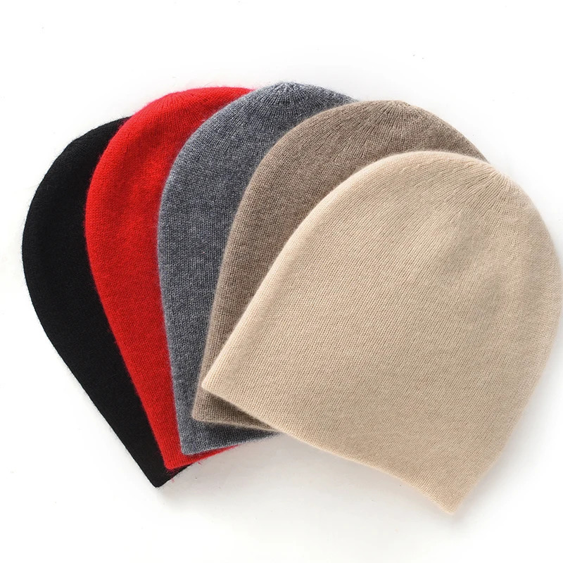 Winter 100% Cashmere Knitted Headwear Womens Warm Bean Hat High Quality Solid Leisure Hedge Hat Skulls 241210