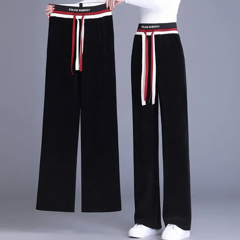 Autumn and Winter Womens Colorful Block Loose High Waist Elastic Wide Leg Pans Fashion Leisure Full Match Trouser 241202