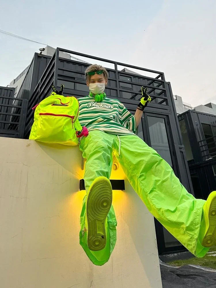 DEEPTOWN Oversize Y2K Green Cargo Parachute Pants Men Japanese Fashion Casual Trousers Male Baggy Streetwear Hiphip Sport Kpop 241209