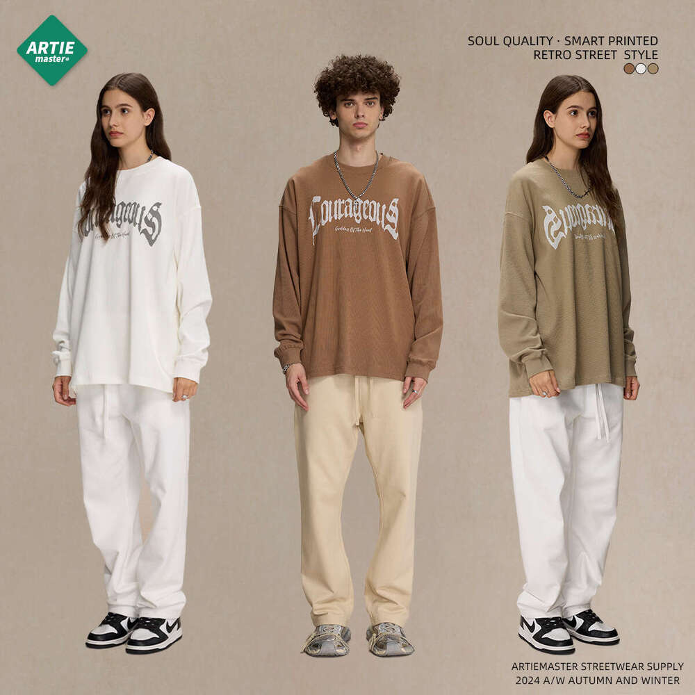 2024 Autumn/Winter New Product Breathable Waffle 330g Printed Sleeve T-shirt for American Trendy Brand Loose Casual Men's Long T