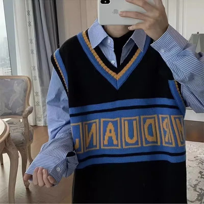 AutumnWinter Korean Preppy Vest Mens Pullover Sweater Personality Letter Printed Sleeveless Loose Vneck 241209