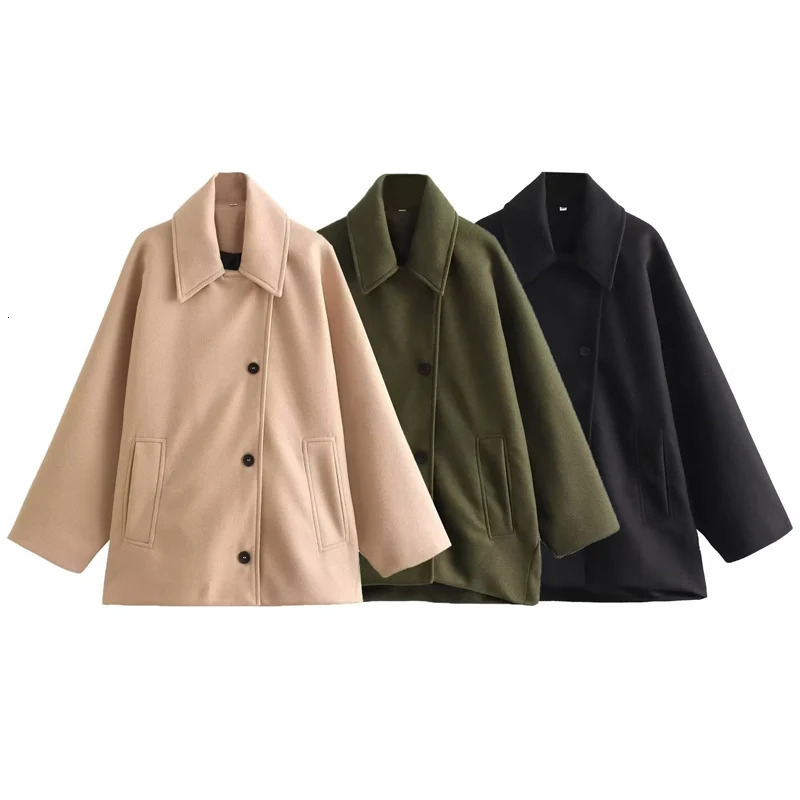 HXAO Loose Tweed Coat Womens Bomber Jacket Green Black Khaki Caot Button Up Oversize Long Sleeve Top Fashion Casual Outerwears 241209