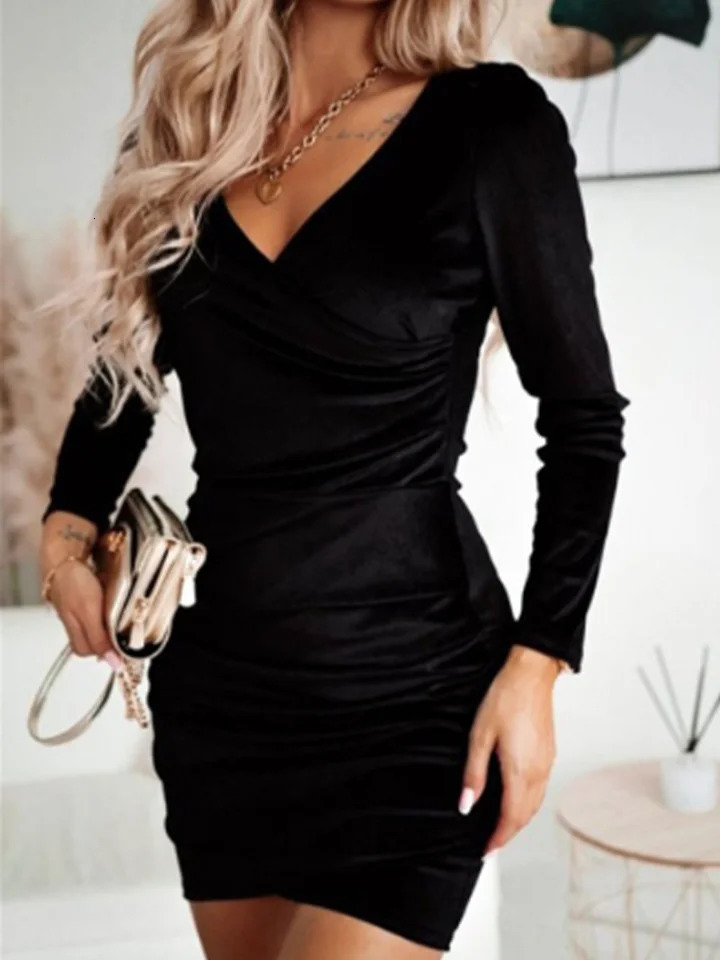 Sexy red V-neck long sleeved dress for women ultra-thin mini dress elegant party date autumn dress 241206