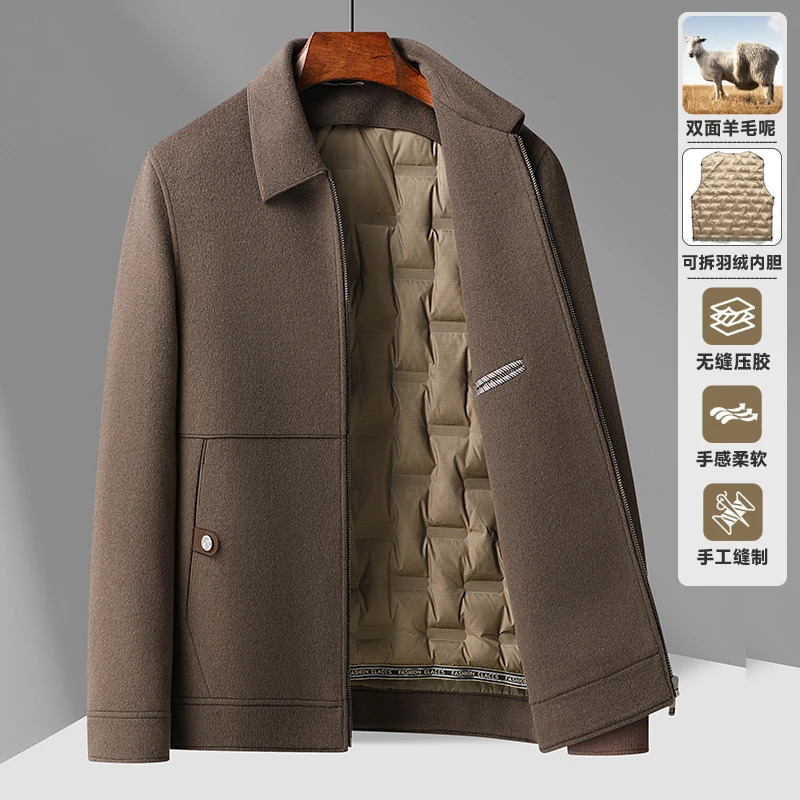 Autumn and Winter Doublesided Wool Mens Outdoor Camping Fashion Casual Lapel Can Be Removed Down Liner Short Jacket 241209