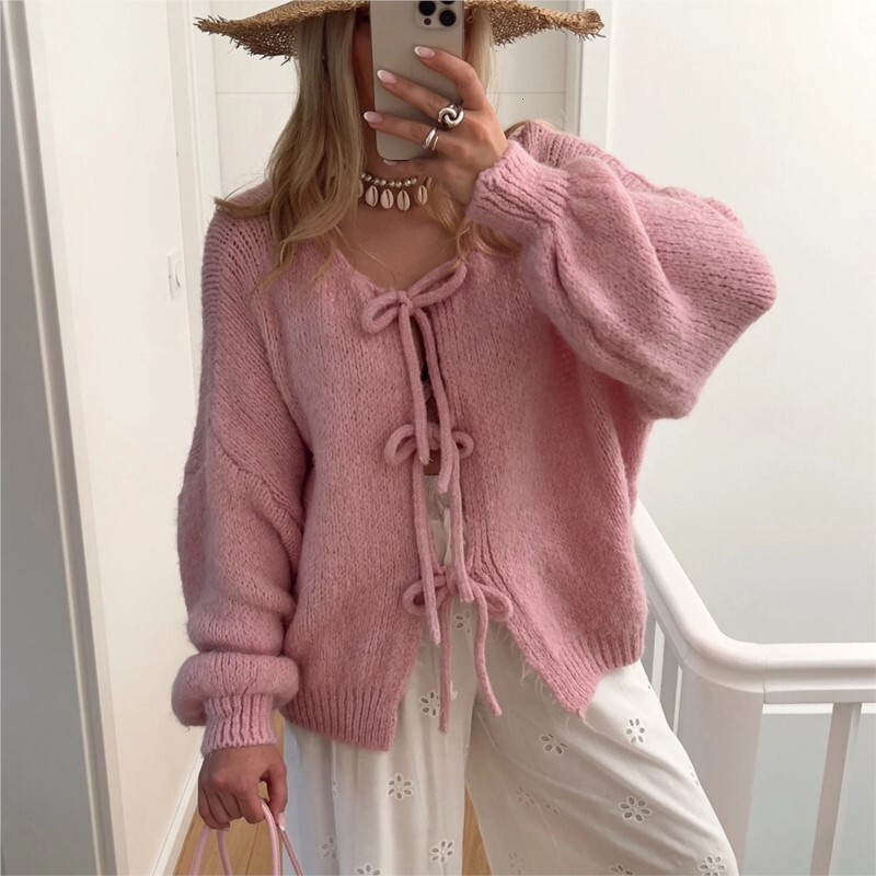 European American Fashion Autumn And Winter New Round Neck Long Sleeved Top Pink Lace Up Sweater Lazy Style Cardigan