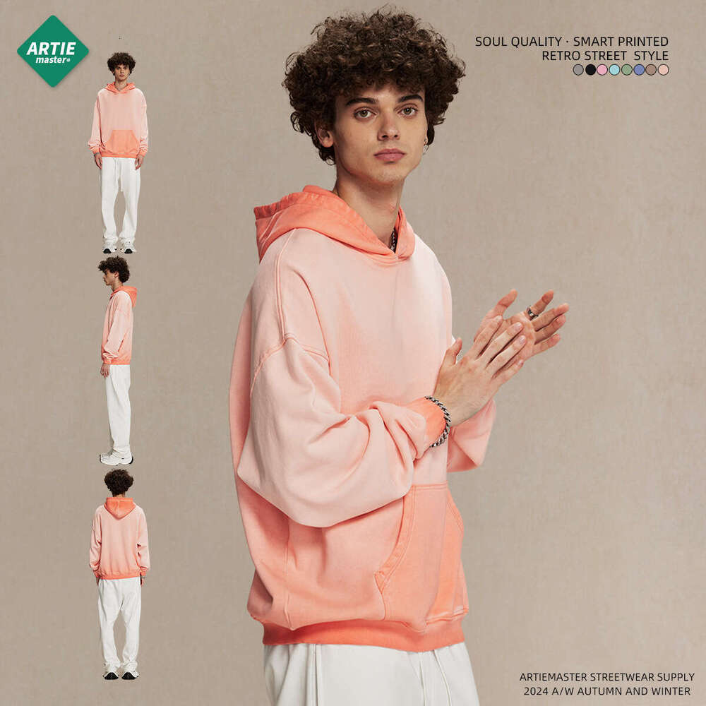 2024 autumn and winter new product 430g reverse bottom stir fried color distressed hooded sweatshirt trendy brand thin washed water men's hoodie