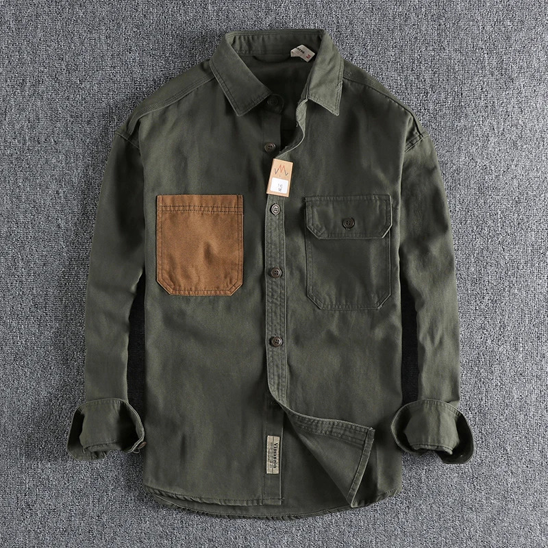 Long sleeved tactical shirt mens patch cargo cotton American casual retro tool jacket outdoor work clothes blue 241209