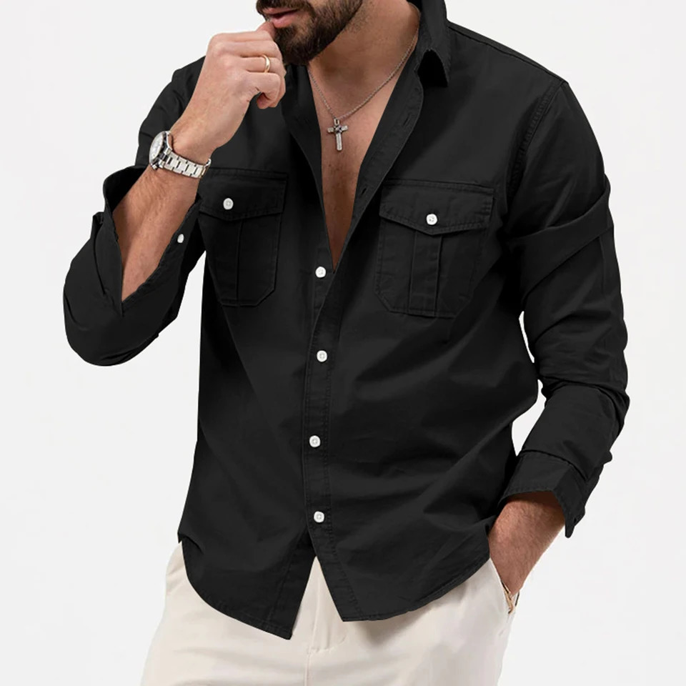 Fashionable mens casual button up shirt Safari style long sleeved lapel merchandise jacket work coat top 241209